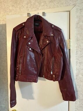 Lambskin Women’s Burgundy Leather Moto Jacket -